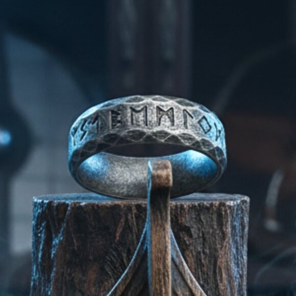 Viking Rune Band Ring – Antiqued Stainless Steel Norse Symbol Jewelry | Size 10 - Picture 1 of 4